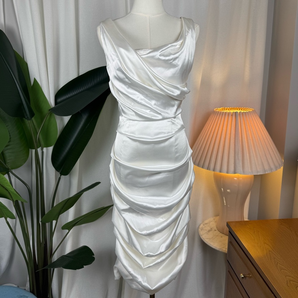 Vintage Le Château White Satin Ruched Midi Dress Y2K Medium